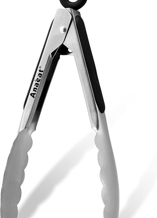 Anaeat 7" Mini Cooking Tong Stainless Steel - Sturdy Coiled Spring Locking Kitchen Food Tong with Non-Slip Silicone Grip for Serving, Cooking, Baking - Heat Resistant up to 480°F (Black)