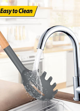 Silicone Pasta Fork and Ladle Spoon Set with Wooden Handle, Heat Resistant Non Stick Kitchen Utensils for Cooking, Stirring, Serving Spaghetti, Soup, Sauce(GRAY)