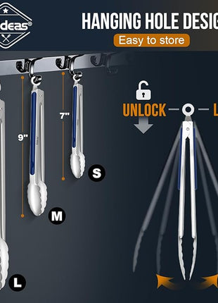 Tongs For Cooking - Heat Resistant 600 Degrees Stainless Steel Kitchen Tong, Heavy Duty Metal Locking Tongs - For Food,Salad, grilling, BBQ 7",9" & 12 inch, set of 3 Dishwasher Safe Blue