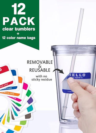 Cupture Classic 12 Insulated Double Wall Tumbler Cup with Lid, Reusable Straw & Hello Name Tags - 16 oz, Bulk Pack (Clear)