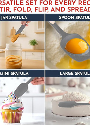 4-Piece Grey Baking Spatula Set - Holiday Baking Essentials, Rubber Spatulas Silicone Heat Resistant, BPA-Free - Spatula Set for Nonstick Cookware - Silicone Baking Utensils