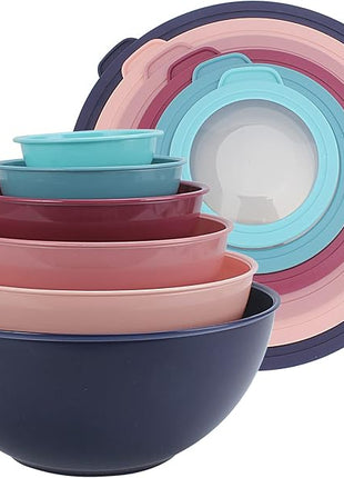 COOK WITH COLOR Mixing Bowls with TPR Lids - 12 Piece Plastic Nesting Bowls Set includes 6 Prep Bowls and 6 Lids, Microwave Safe Mixing Bowl Set (Multicolored Set with Large Blue Bowl)