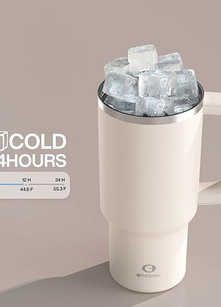 32 oz Tumbler with Handle and Straw: Stainless Steel Insulated Tumbler Keeps Cold for 24 Hours, Leakproof Travel Cup Fits in Cup Holder and BPA-Free, Cream Moon