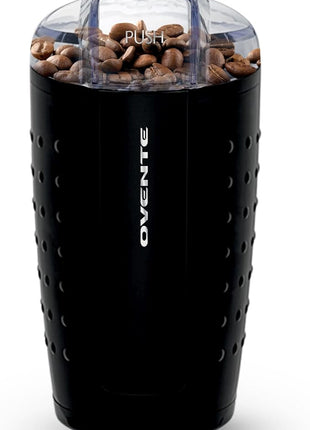 OVENTE Electric Coffee Grinder for Beans, Spices and More, 2.5Oz Compact Grinding Mill, Spice Grinder with Stainless Steel Blade, Pulse Button Operation and Transparent Easy to Open Lid, Black CG225B