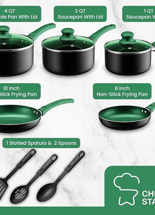Chef's Star Pots And Pans Set Kitchen Cookware Sets Nonstick Aluminum Cooking Essentials 11 Pieces Green