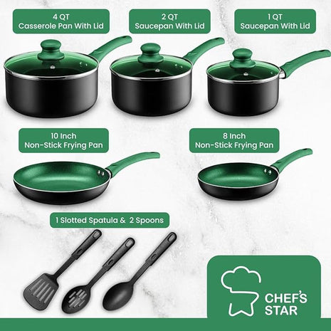 Chef's Star Pots And Pans Set Kitchen Cookware Sets Nonstick Aluminum Cooking Essentials 11 Pieces Green