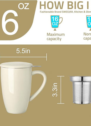 Sweejar Porcelain Tea Mug with Infuser and Lid,Teaware with Filter, Loose Leaf Tea Cup Steeper Maker, 16 Fl Oz for Tea/Coffee/Milk/Women/Office/Home/Gift (Beige)