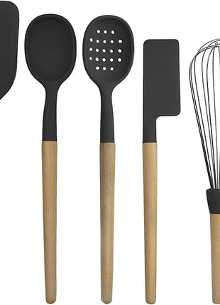 Country Kitchen Non Stick Silicone Utensil Set with Rounded Wood Handles for Cooking and Baking, 6 Piece Set, Black