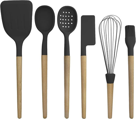 Country Kitchen Non Stick Silicone Utensil Set with Rounded Wood Handles for Cooking and Baking, 6 Piece Set, Black