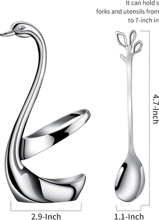 AnSaw Silver Small Coffee Spoon Holder Set,Swan Base With 10 Pcs Demitasse Espresso Spoons Set,4.7" Mini Leaf Dessert Spoon,Stainless Steel Tea Spoons