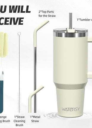 40 oz Tumbler with Handle,Tumbler with Lid and Straw,Double Wall Insulated Cup Stainless Steel Travel Mug(Cold for 34 Hours),Water Bottle for Iced Tea,Coffee,Cold Beverages(Cream White)