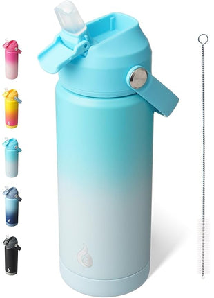 BJPKPK Insulated Water Bottle with Straw Lid, 18oz Thermo Water Bottles with Soft Nozzle, Flex Handle & Non-slip Boot, BPA Free Leak Proof Stainless Steel Metal Thermo, Tumblers, Cups,Sea Salt