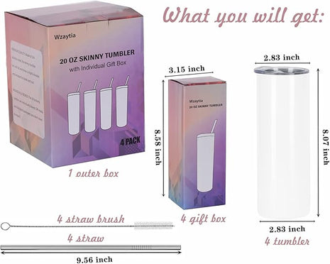 4 Pack 20 Oz Straight Skinny Tumblers,Individually Gift Boxed Stainless Steel Slim Skinny Tumbler Set Bulk, 20 Oz Insulated Slim Thin Travel Tumbler Cup for Diy, White