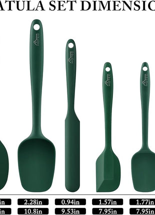 HOTEC 600℉ Heat Resistant BPA-Free Silicone Rubber Spatula Set,Kitchen Cooking Spatulas, Baking, Mixing for Non Stick Cookware, Dishwasher Safe, Dark Green Set of 5