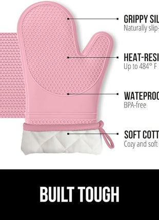 GORILLA GRIP BPA-Free Soft Silicone Oven Mitts and Pot Holders Sets of 4, Heat Resistant Waterproof Cooking Gloves, Thick Cotton Lining, Flexible Gripping for Baking Grilling, Kitchen Trivets, Pink