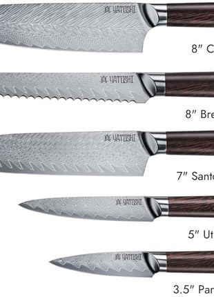 Yatoshi Knives Magnetic Kitchen Knife Block Set - Japanese 67 Layer High-Grade VG-10 Steel Knives, Sharp, G10 Handle Professional Kitchen Knife Set - Damascus (6 pieces), Brown