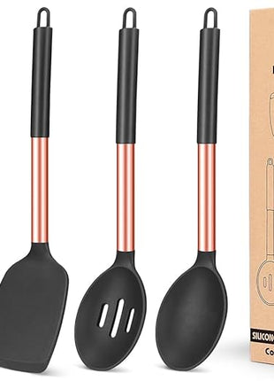Pack of 4 Silicone Cooking Utensils Set, Non Stick Large Solid Spatulas, Heat Resistant Rose Gold Black Slotted Spoons, Ideal BPA Free Kitchen Turners for Frying, Mixing,Serving,Draining,Turning