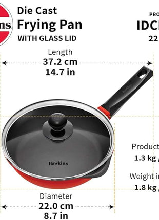 HAWKINS 24 cm Die Cast Induction Compatible Frying Pan with Glass Lid, Red (IDCF24G)