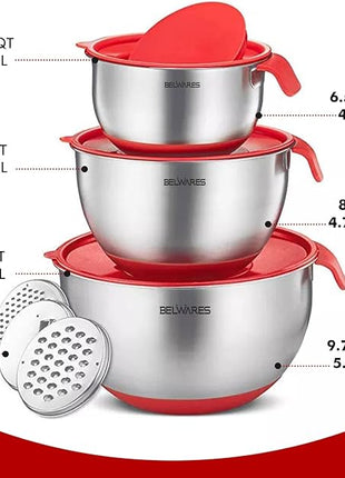 Belwares Mixing Bowls with Lids Set - 3-Piece Stainless Steel Nesting Bowls with Graters, Handles, and Airtight Lids - Non-Slip Mixing Bowls for Cooking, Baking, Prepping, and Food Storage (Red)