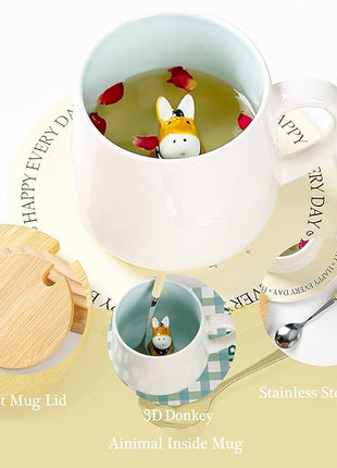 BigNoseDeer Cute Ceramic Donkey Coffee Mug Funny Mug with 3D Animal Inside Kawaii Tea Cup with Spoon and Lid Cool Stuff Christmas Gifts Birthday Mother's Day Cute Gifts for Women Kids 12oz（Donkey）