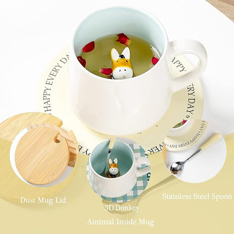 BigNoseDeer Cute Ceramic Donkey Coffee Mug Funny Mug with 3D Animal Inside Kawaii Tea Cup with Spoon and Lid Cool Stuff Christmas Gifts Birthday Mother's Day Cute Gifts for Women Kids 12oz（Donkey）