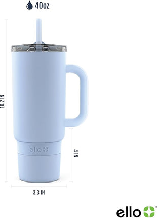Ello Port 40oz Tumbler with Carry Loop & Integrated Handle, Vacuum Insulated Stainless Steel Reusable Water Bottle, Travel Mug with Leak Proof Lid & Straw for Iced Coffee & Tea, Halogen Blue