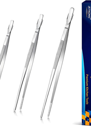 JETKONG Food Tweezers Precision Serrated Tips Kitchen Tweezers Professional Cooking Tweezer Tongs, Set of 3 (7 9 12 Inch, Silver)