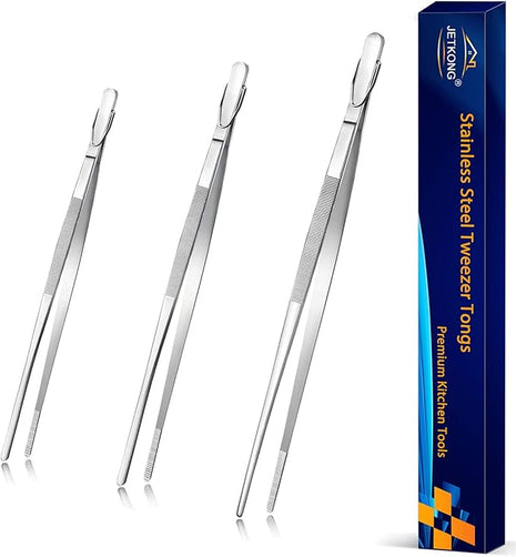 JETKONG Food Tweezers Precision Serrated Tips Kitchen Tweezers Professional Cooking Tweezer Tongs, Set of 3 (7 9 12 Inch, Silver)