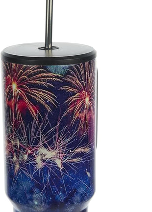Bioworld Americana 40 Oz. Vacuum Insulated Stainless Steel Tumbler with Leak-Proof Lid & Handle, Patriotic Fireworks & American Flag Design for 4th of July or Everyday Travel