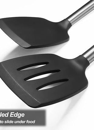 2 Pack Spatulas, Solid & Slotted Silicone Spatula Set, Stainless Steel Handle Coated with Silicone, Non Stick Turners, Heat Resistant Rubber Spatulas for Fish, Eggs, Pancakes, WOK, Black