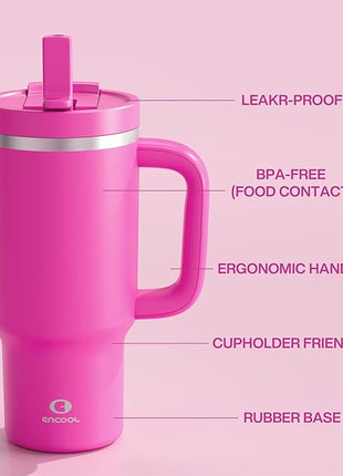 ENCOOL 32 oz Tumbler with Handle and Straw: Stainless Steel Insulated Tumbler Keeps Cold for 24 Hours, Leakproof Travel Cup Fits in Cup Holder and BPA-Free,Persian Rose