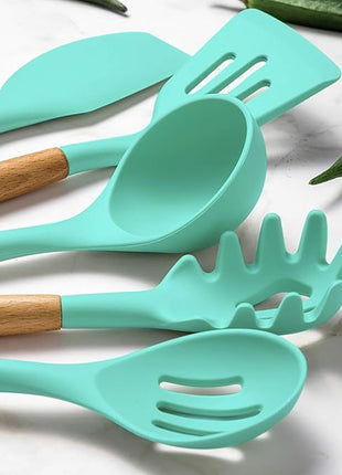 Umite Chef Kitchen Cooking Utensils Set, 24 pcs Non-stick Silicone Cooking Kitchen Utensils Spatula Set with Holder, Wooden Handle Heat Resistant Silicone Kitchen Gadgets Utensil Set (Green)