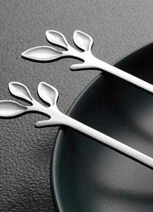 AnSaw Elegant Silver Leaf Coffee Spoons - 10-Piece, 4.7" Mini Stainless Steel Espresso & Dessert Tea Spoons, Perfect for Demitasse & Small Servings