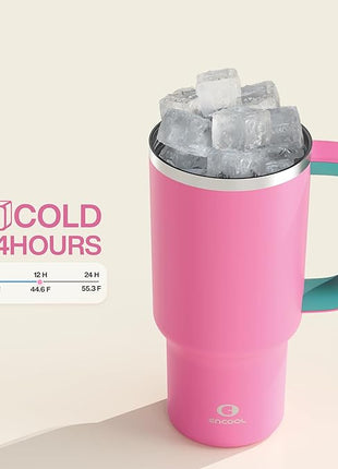 ENCOOL 32 oz Tumbler with Handle and Straw: Stainless Steel Insulated Tumbler Keeps Cold for 24 Hours, Leakproof Travel Cup Fits in Cup Holder and BPA-Free,Light Crimson