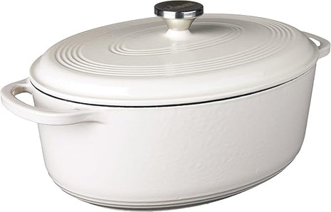 Lodge 7 Quart Enameled Cast Iron Oval Dutch Oven with Lid – Dual Handles – Oven Safe up to 500° F or on Stovetop - Use to Marinate, Cook, Bake, Refrigerate and Serve – Oyster White
