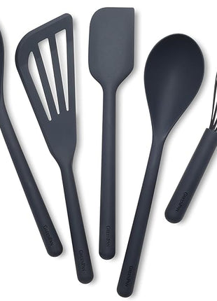 GreenPan Silicone 5 Piece Cooking Utensil Set, Slotted & Solid Spoon, Turner, Spatula, Whisk, Flexible Nonstick Kitchen Tools, Steel Core, Heat-Resistant Anti-Slip Handle BPA-Free Dishwasher Safe Gray