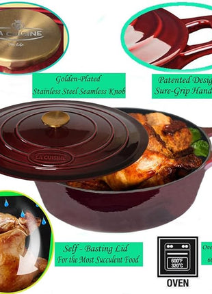 La Cuisine Enameled Cast Iron Oval Dutch Oven Casserole Dish Pot with Lid 5 QT Internal Matte Black Enamel Coating, Cranberry, Gold-Plated Stainless Steel Lid Handle, Oven Safe