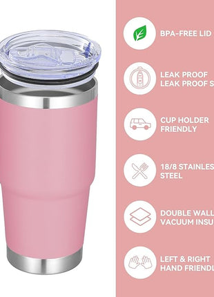 VEGOND 20 oz Tumbler Bulk with Handle Lid and Straw, Stainless Steel Insulated Travel Coffee Mug Set, Spill Proof Double Wall Metal Tumblers Cups, Pink 6 Pack