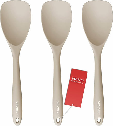 Upgrade Silicone Spatula Spoon Set,VOVOLY Heat Resistant Rubber Spoonula, Seamless Non-Stick Flexible Scrapers for Baking Mixing Tool,3 Pack, Kahki