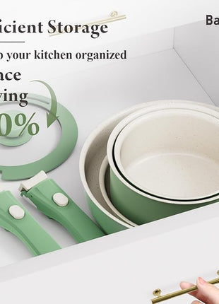 Ceramic Nonstick Cookware Set, Healthy,Non Toxic,17-Pieces Pots and Pans Set Removable Handles,Induction RV Kitchen Set,Stain & Scratch-resistant,Dishwasher/Oven Safe,PFAS/PFOA Free,Green