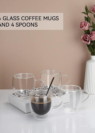 LIBWYS 4 Pack 250ml Double Walled Glass Coffee Mugs with 4 Spoons, Cappuccino Latte Tea Cups with Handle, Heat Resistant Drinking Glasses