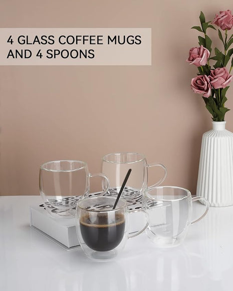 LIBWYS 4 Pack 250ml Double Walled Glass Coffee Mugs with 4 Spoons, Cappuccino Latte Tea Cups with Handle, Heat Resistant Drinking Glasses
