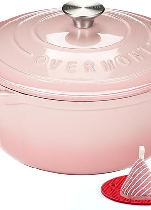 Overmont Enameled Cast Iron Dutch Oven - 5.5QT Pot with Lid Cookbook & Cotton Potholders - Heavy-Duty Cookware for Braising, Stews, Roasting, Bread Baking pink