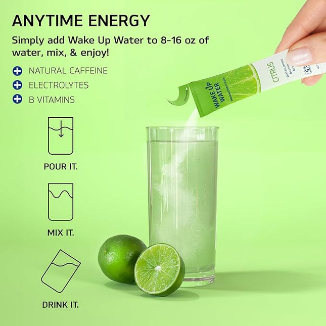 Wake Up Water Energy Drink Mix, Sugar Free Clean Energy Powder with Electrolytes & B Vitamins, Natural Caffeine for Focus & Hydration (15 Pack) - Citrus