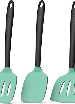 Coukre 3 Pack Silicone Spatula Set, High Heat Resistant, BPA-Free, Fish Spatula, Solid & Slotted Turner for Non-Stick Pans, Flipping Eggs, Pancakes, Fish, Burgers (3, AquaGreenBlack)