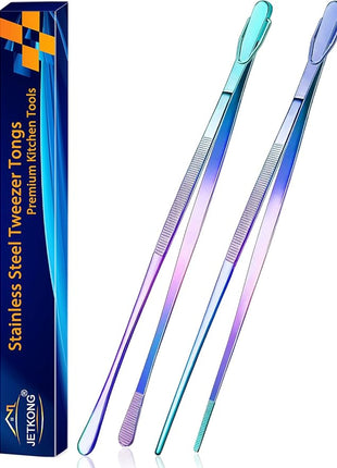 JETKONG 2 Pcs 14-Inch Culinary Tweezers Extra Long Food Tweezers Kitchen Tweezer Tongs for Cooking Grilling and BBQ (Rainbow)