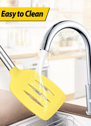 Pack of 2 Silicone Solid Turner, Non Stick Slotted Kitchen Spatulas, High Heat Resistant BPA Free Cooking Utensils, Ideal Cookware for Fish, Eggs, Pancakes(Yellow)