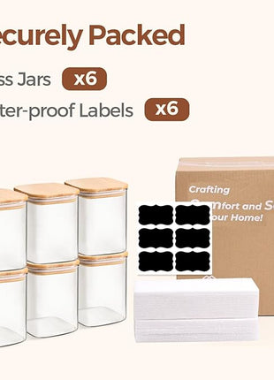 ComSaf 0.8 Qt Glass Food Storage Jars Set of 6, Clear Storage Containers with Airtight Lids, Pantry Organization Jar, Spice Jar, Blooming Tea, Oat, Coffee and Sugar Container, Canister Set for Kitchen