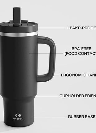 40 oz Tumbler with Handle and Straw: Stainless Steel Insulated Tumbler Keeps Cold for 24 Hours, Leakproof Travel Cup Fits in Cup Holder and BPA-Free, Black Night