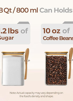 ComSaf 0.8 Qt Glass Jars with Bamboo Lids & Spoons Set of 4, Square Glass Containers with Lids, Sugar Coffee Containers Salt Spice Jars, Pantry Storage Container for Loose Tea, Candy, Brown Sugar, Nut